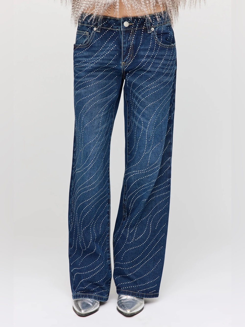ZARA ~ Low Rise Wide Leg Rhinestone Jeans - Picture 13 of 15